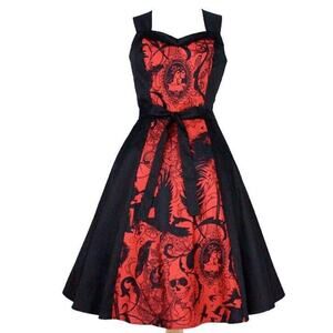 HEMET Gothic Halloween Black & Red Midi Dress‎ Skull Birds Small Steampunk